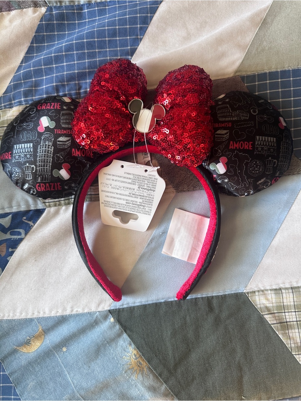 Disney Red Sequin Bow Minnie Ears Headband with Italian Print Ear